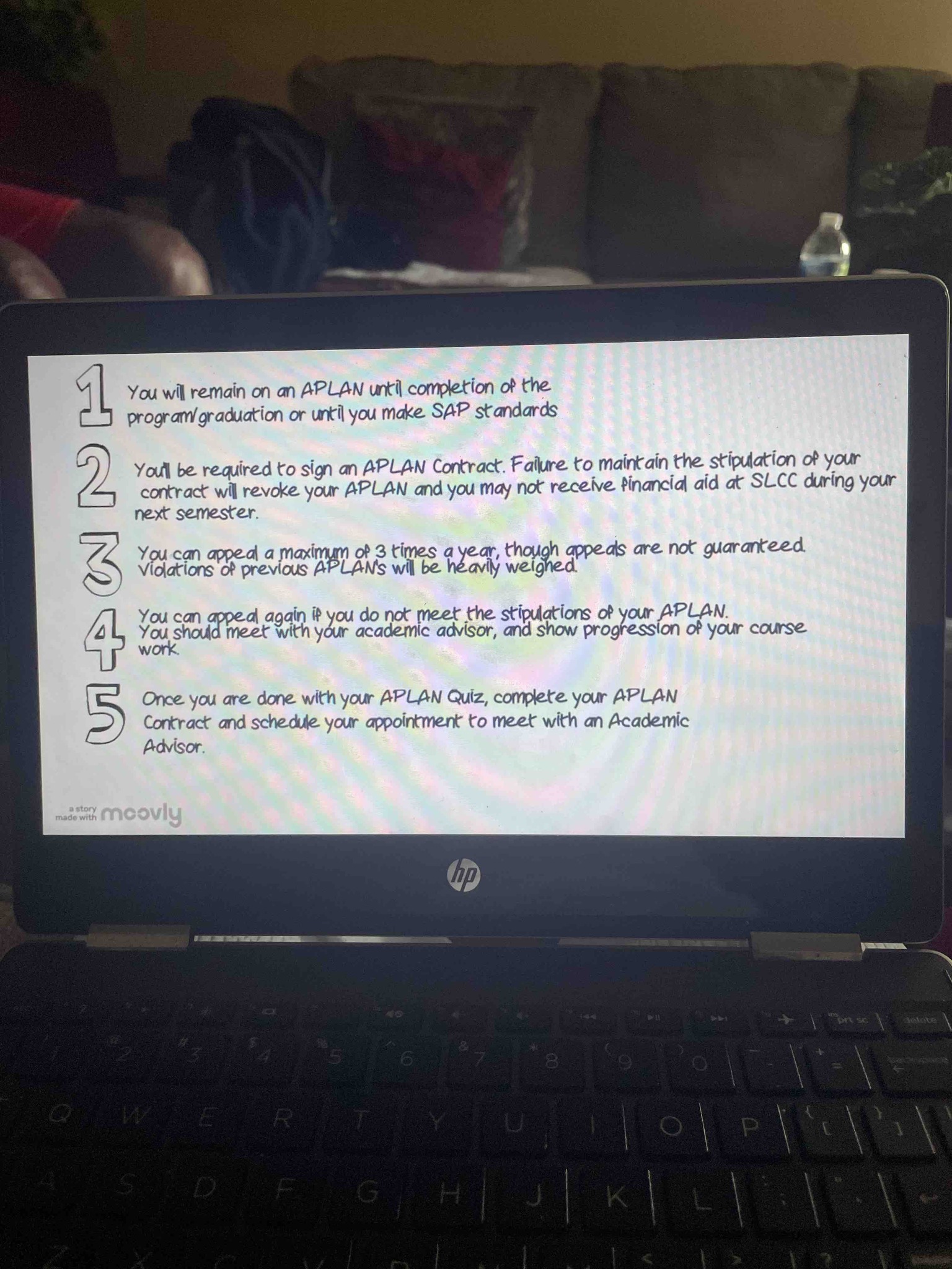 Based on the image provided, summarize the five main points regarding the APLAN process and the next steps required for the student.