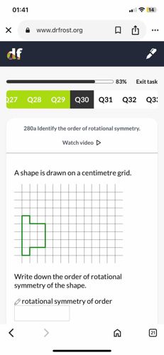 A shape is drawn on a centimetre grid. Write down the order of rotational symmetry of the shape.