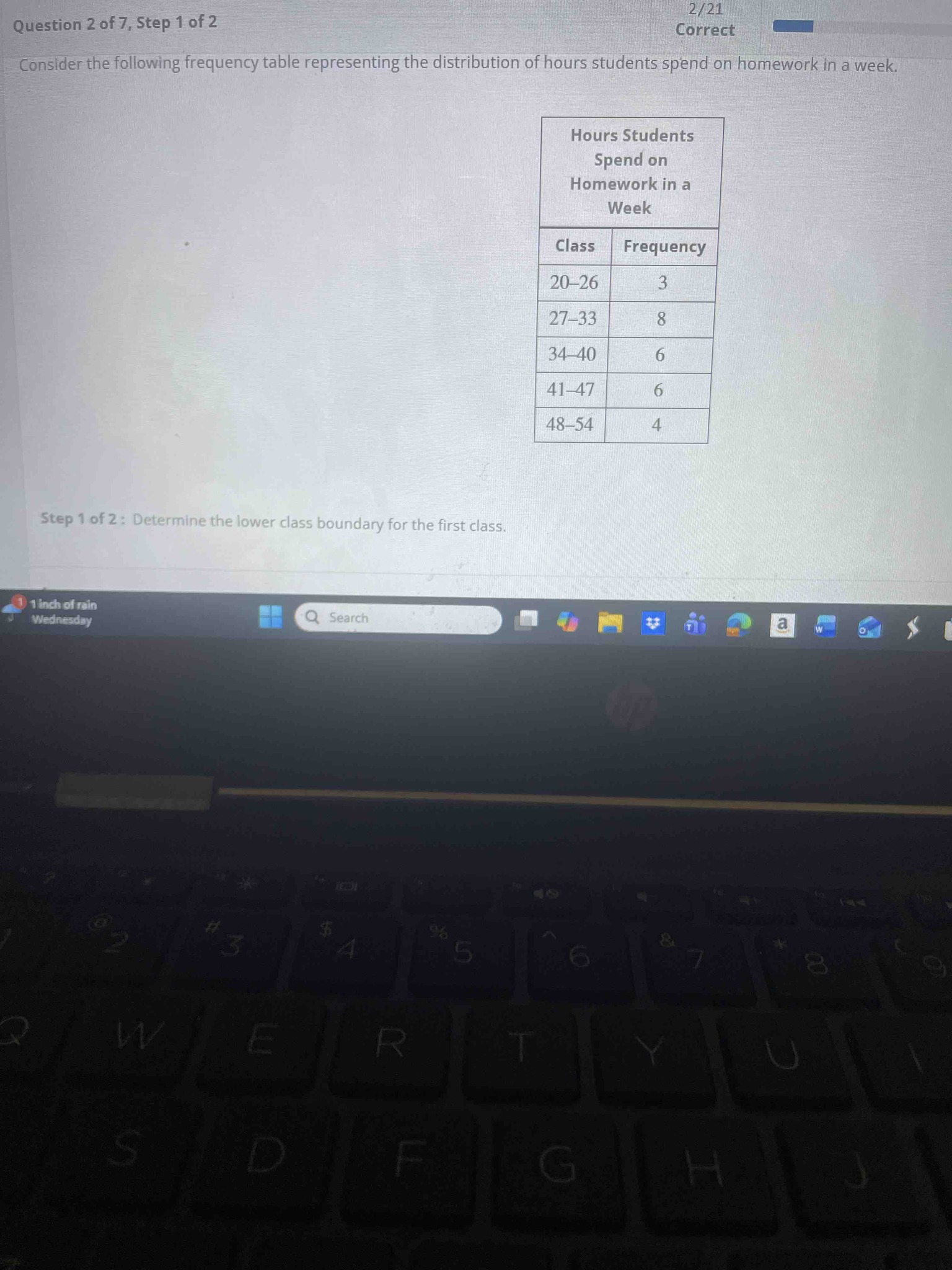 Consider the following frequency table representing the distribution of hours students spend on homework in a week. Determine the lower class boundary for the first class.