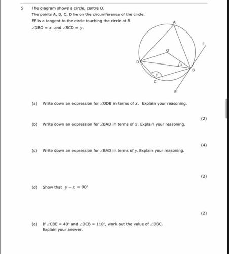 Solve for the angles related to circle O with given points A, B, C, D, E, F, where EF is a tangent at point B and angles DBO = x and BCD = y. Determine expressions for various angles and prove relationships between them.