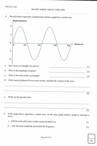 Solve the following questions based on the displacement distance graph for a sound wave: 1. How many wavelengths are shown? 2. What is the amplitude in meters? 3. What is the value of the wavelength? 4. If the source produces 60 waves per second, calculate the velocity of the wave. 5. Work out the periodic time.