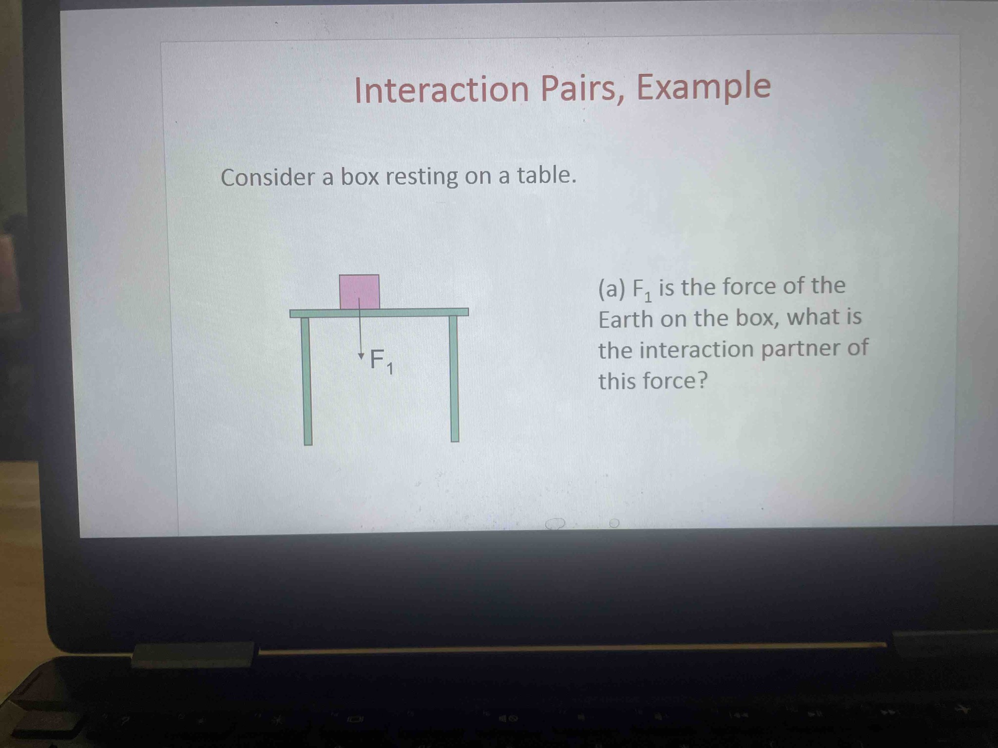 Interaction Pairs, Example: Consider a box resting on a table. (a) F1 is the force of the Earth on the box, what is the interaction partner of this force?
