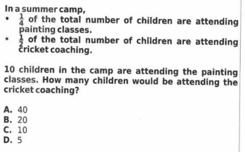 In a summer camp, \( \frac{1}{4} \) of the total number of children are attending painting classes. \( \frac{1}{2} \) of the total number of children are attending cricket coaching. 10 children in the camp are attending the painting classes. How many children would be attending the cricket coaching?