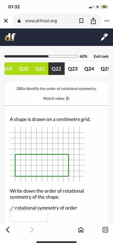 A shape is drawn on a centimetre grid. Write down the order of rotational symmetry of the shape.