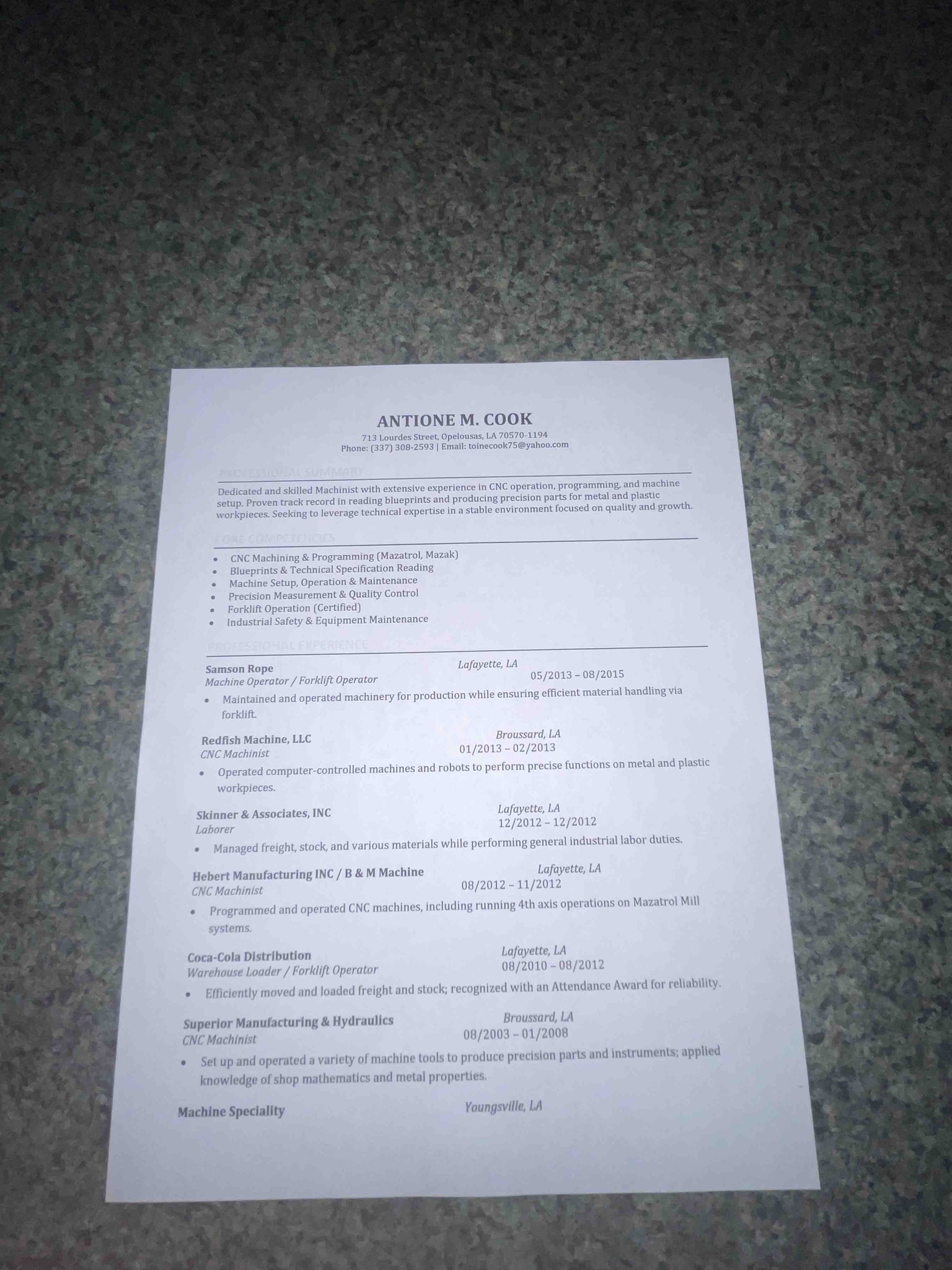 What is the professional experience of Antione M. Cook as shown in his resume?