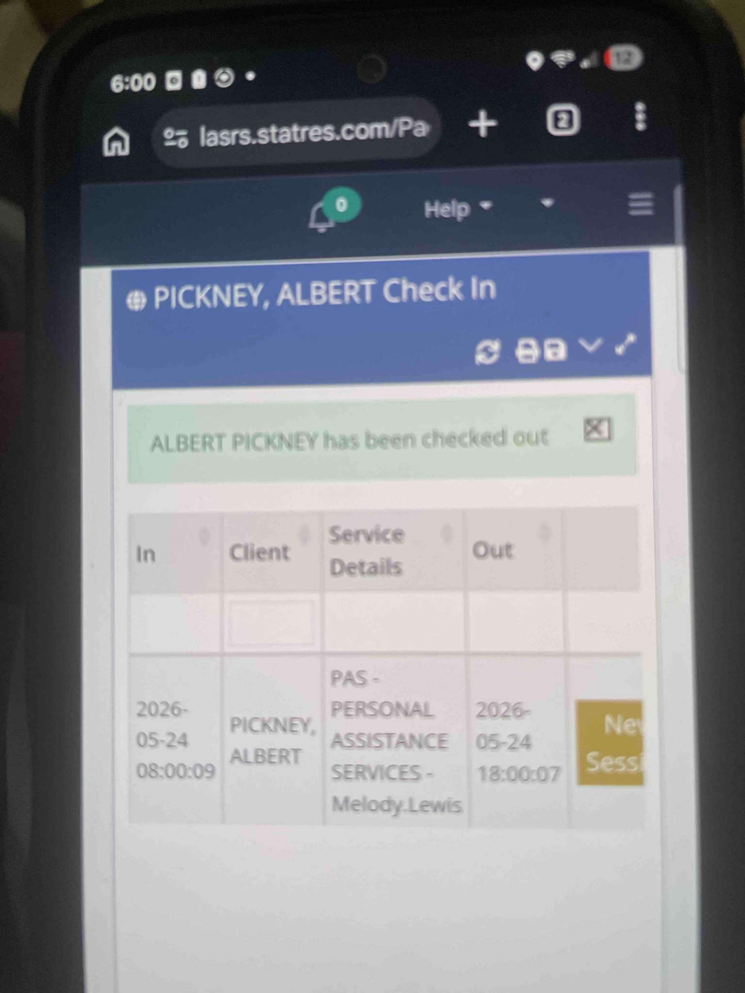 What are the check-in and check-out details for Albert Pickney as shown in the system screenshot?