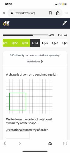 A shape is drawn on a centimetre grid. Write down the order of rotational symmetry of the shape.