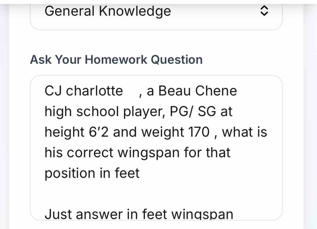 CJ charlotte, a Beau Chene high school player, PG/ SG at height 6'2 and weight 170 , what is his correct wingspan for that position in feet Just answer in feet wingspan