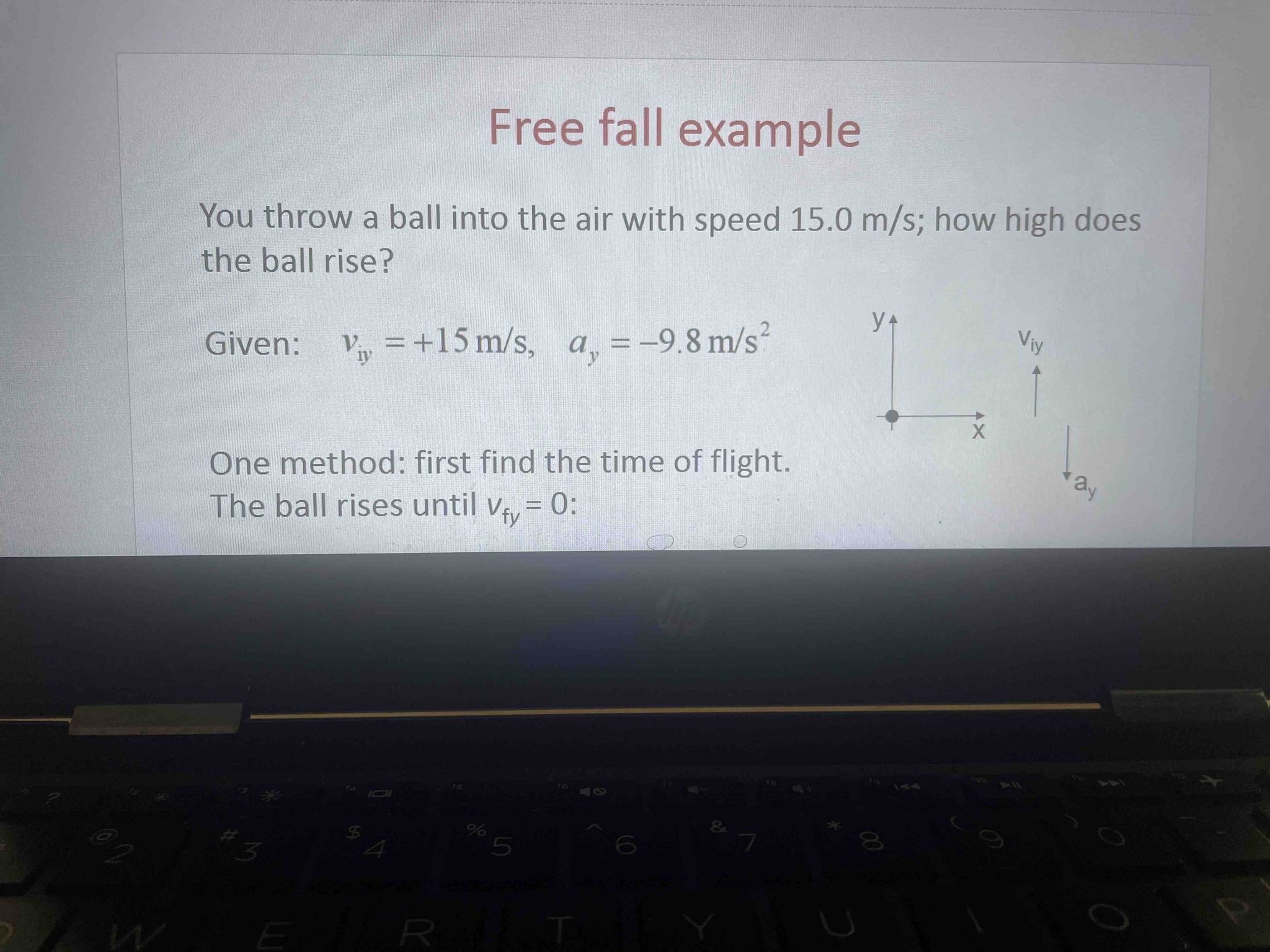 You throw a ball into the air with speed 15.0 m/s; how high does the ball rise? Given: v_iy = +15 m/s, a_y = -9.8 m/s^2.
