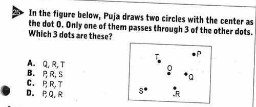 In the figure below, Puja draws two circles with the center as the dot O. Only one of them passes through 3 of the other dots. Which 3 dots are these?