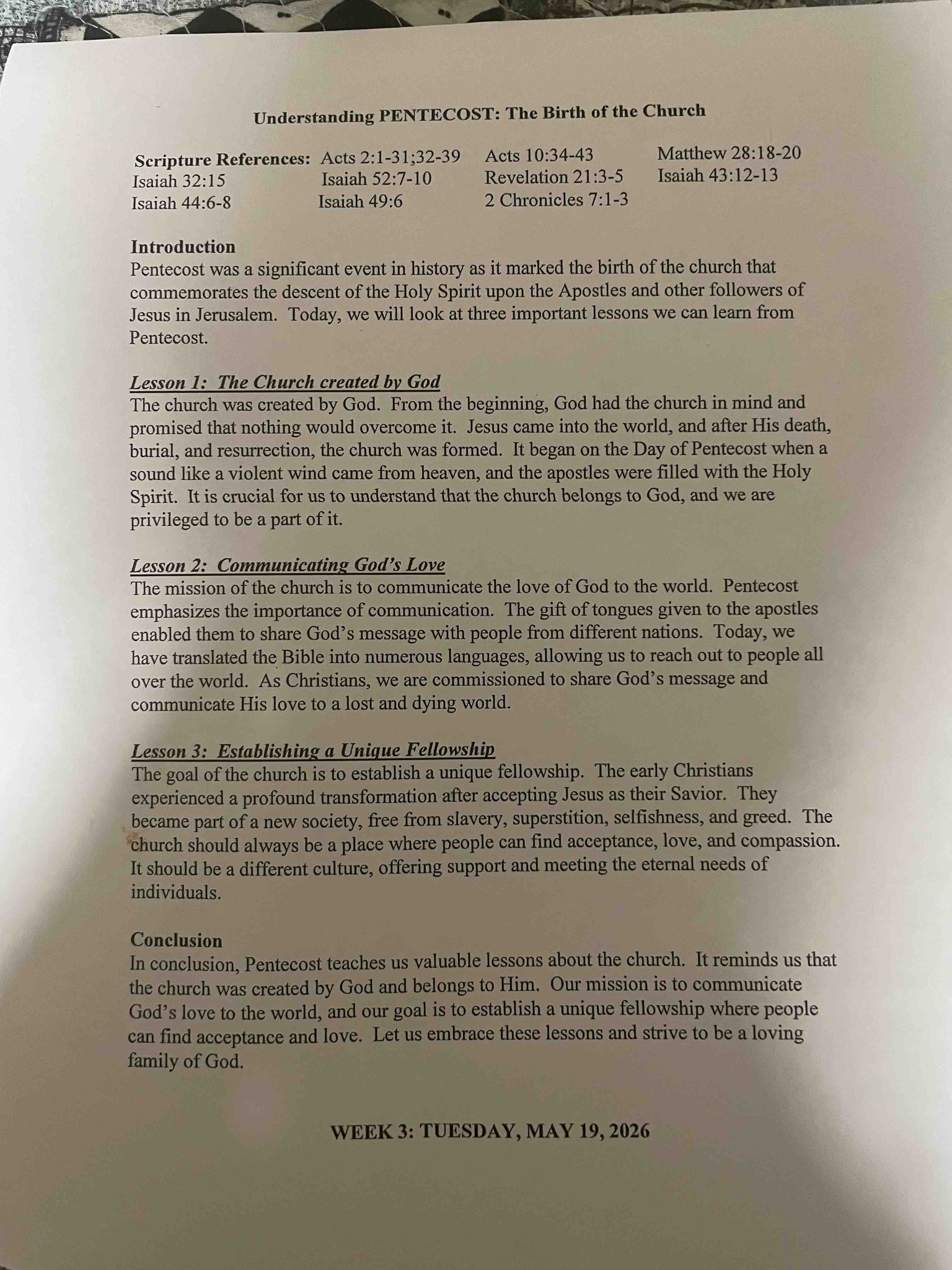 Summarize the three important lessons learned from the Day of Pentecost as described in the text 'Understanding PENTECOST: The Birth of the Church.'