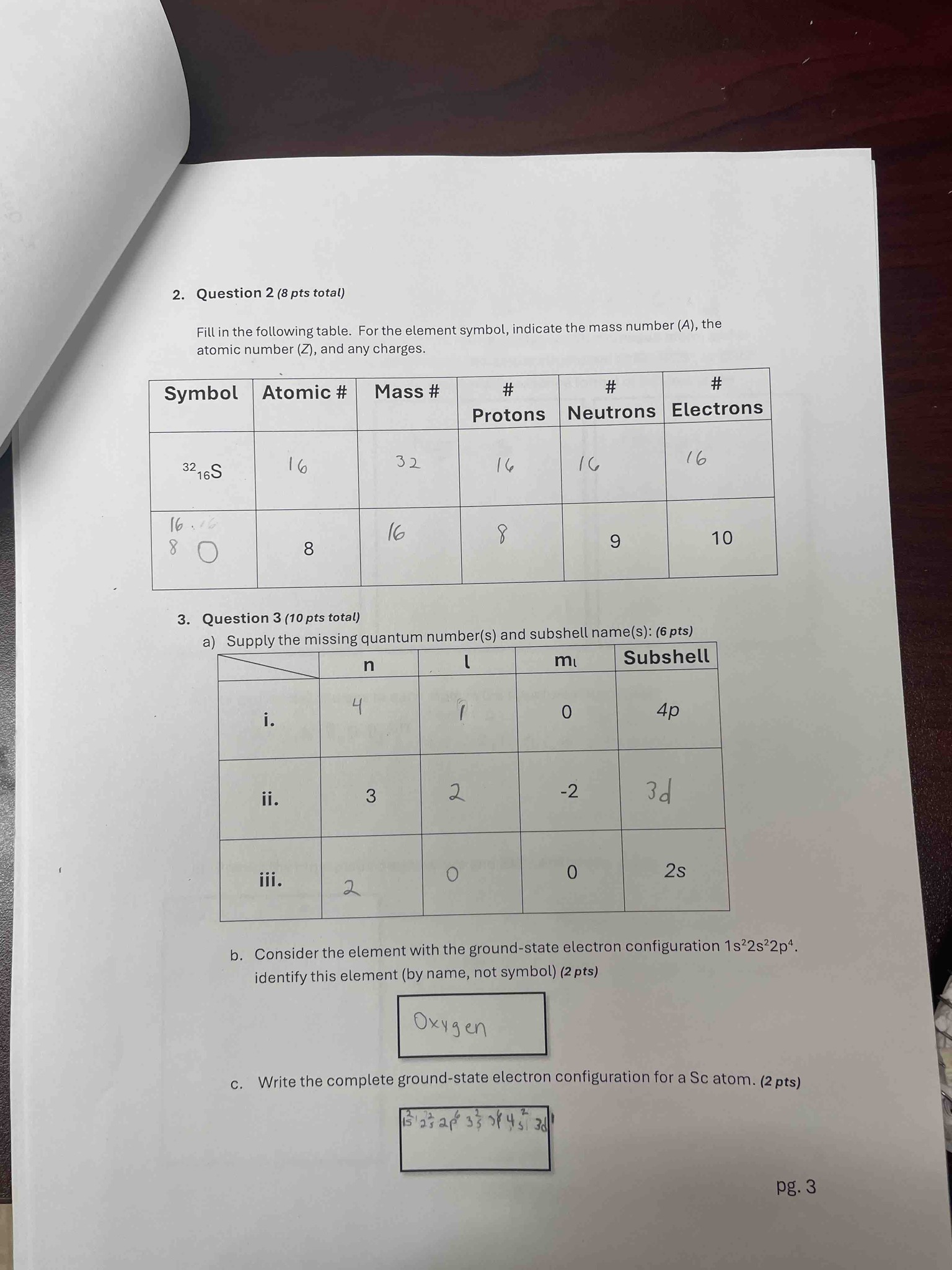 Question 3:
a) Supply the missing quantum number(s) and subshell name(s):
i. n = 4, l = 1, ml = 0, Subshell = ?
ii. n = 3, l = 2, ml = -2, Subshell = ?
iii. n = ?, l = 0, ml = 0, Subshell = 2s
b) Consider the element with the ground-state electron configuration 1s²2s²2p⁴. Identify this element (by name, not symbol).
c) Write the complete ground-state electron configuration for a Sc atom.