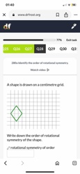 A shape is drawn on a centimetre grid.

[Image of a rhombus/kite-like shape on a grid]

Write down the order of rotational symmetry of the shape.