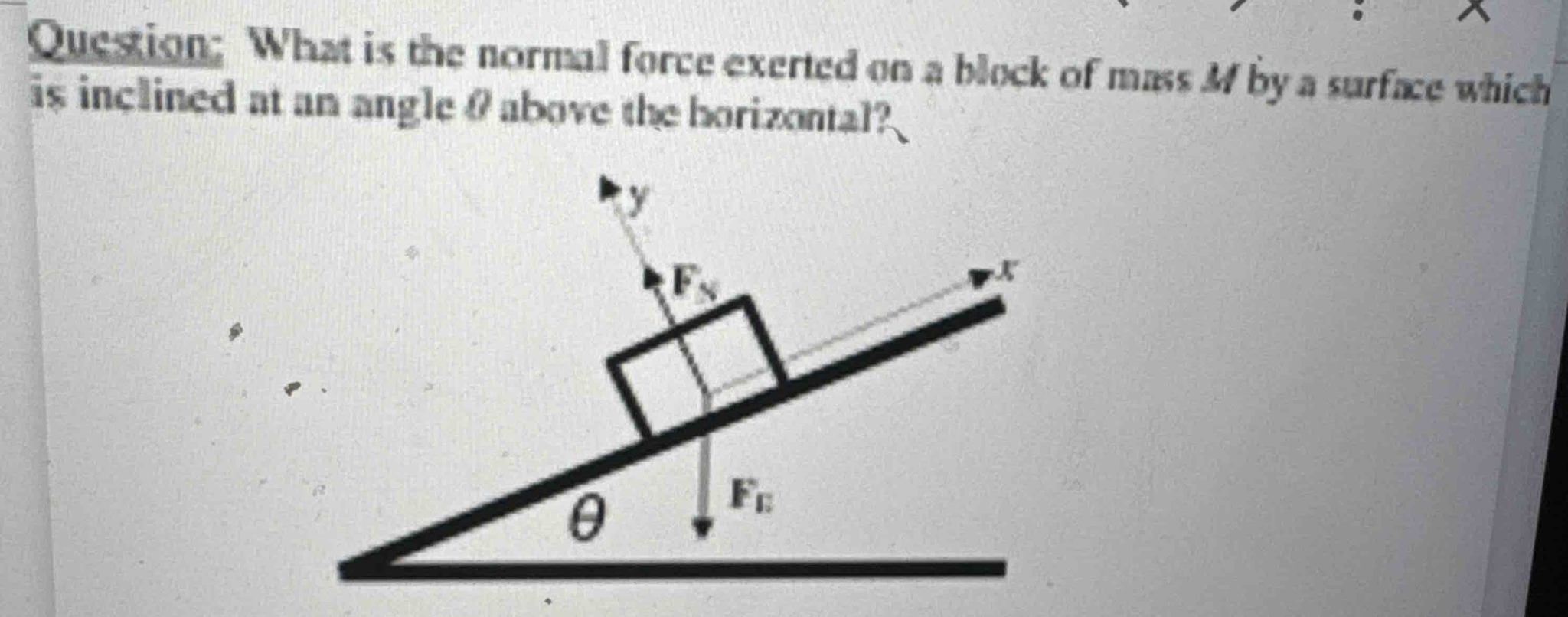 What is the normal force exerted on a block of mass M by a surface which is inclined at an angle theta above the horizontal?