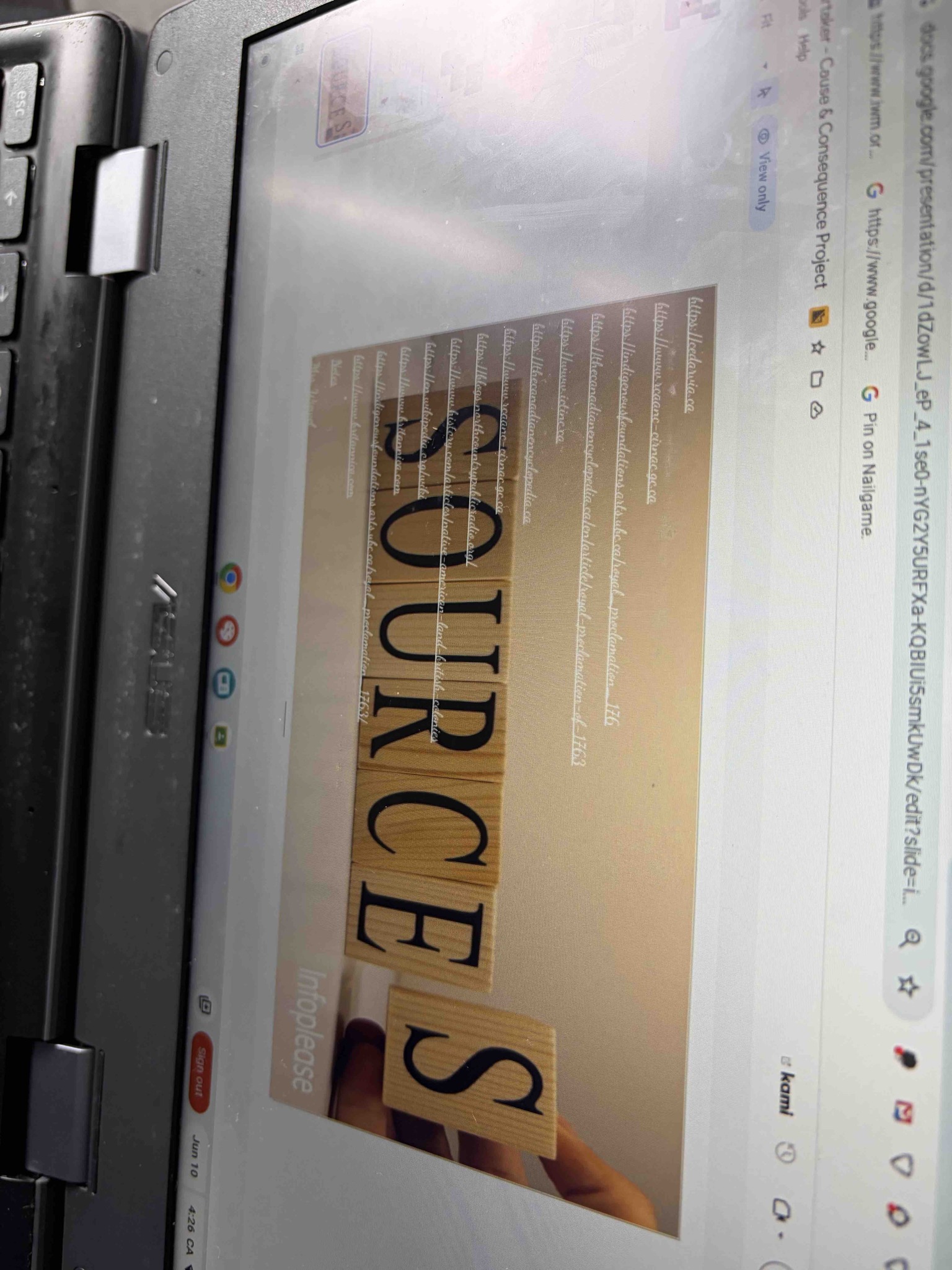 Identify the website URLs and themes listed in the 'SOURCES' slide shown in the image.