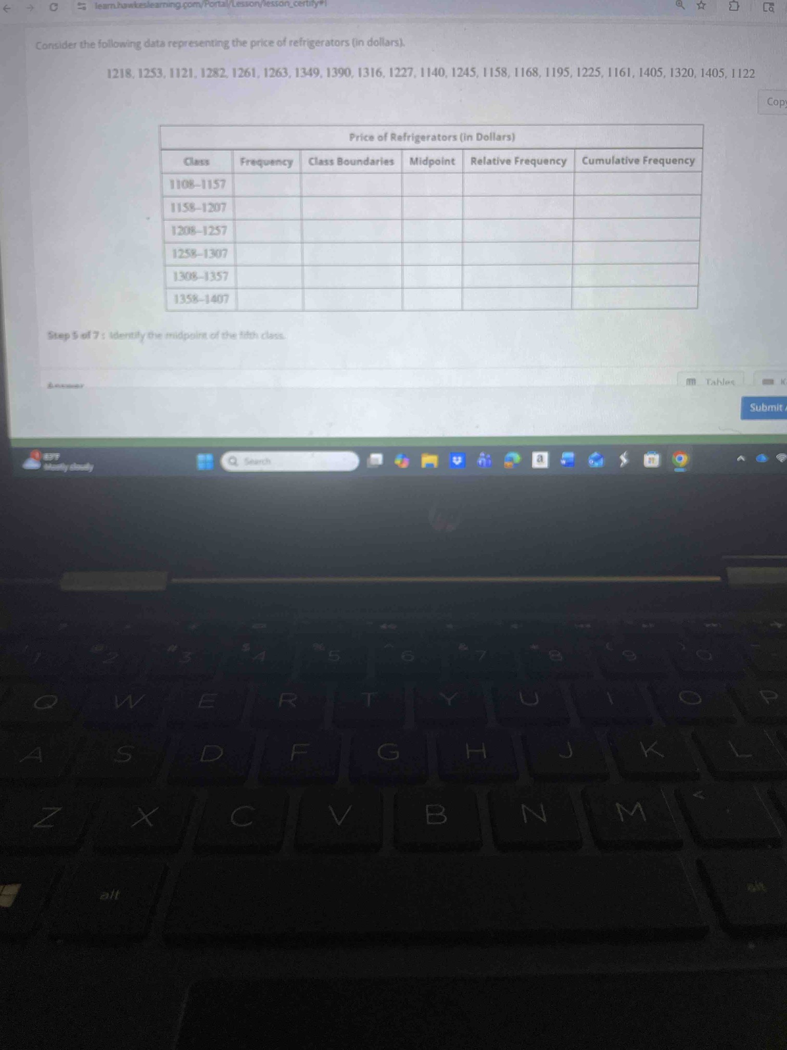 Step 5 of 7: Identify the midpoint of the fifth class.