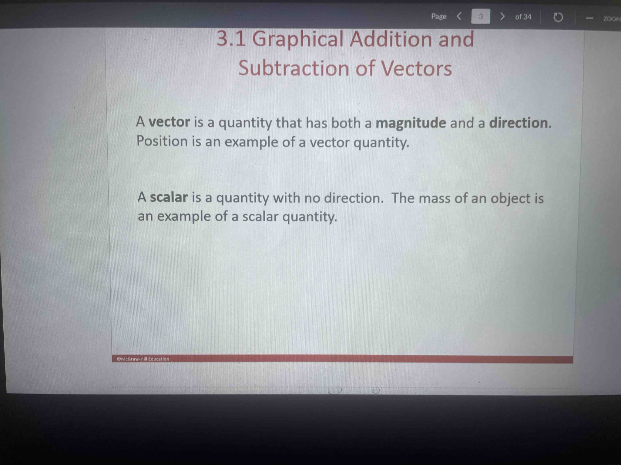 What are the definitions and examples of a vector and a scalar according to the text provided in the image?