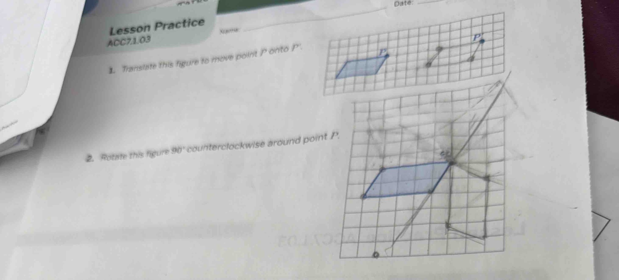 1. Translate this figure to move point P onto P'. 2. Rotate this figure 90 degrees counterclockwise around point P.