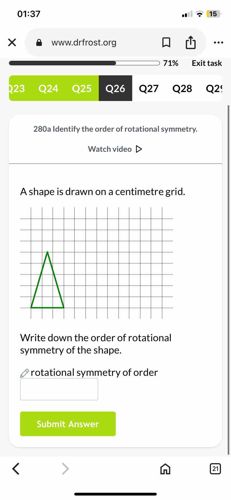 A shape is drawn on a centimetre grid. Write down the order of rotational symmetry of the shape.