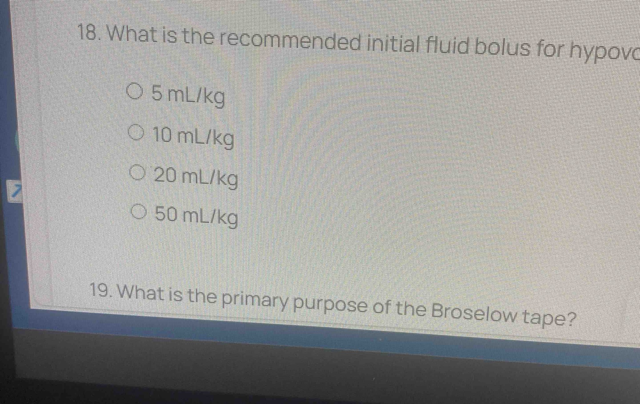 18. What is the recommended initial fluid bolus for hypovolemic shock?