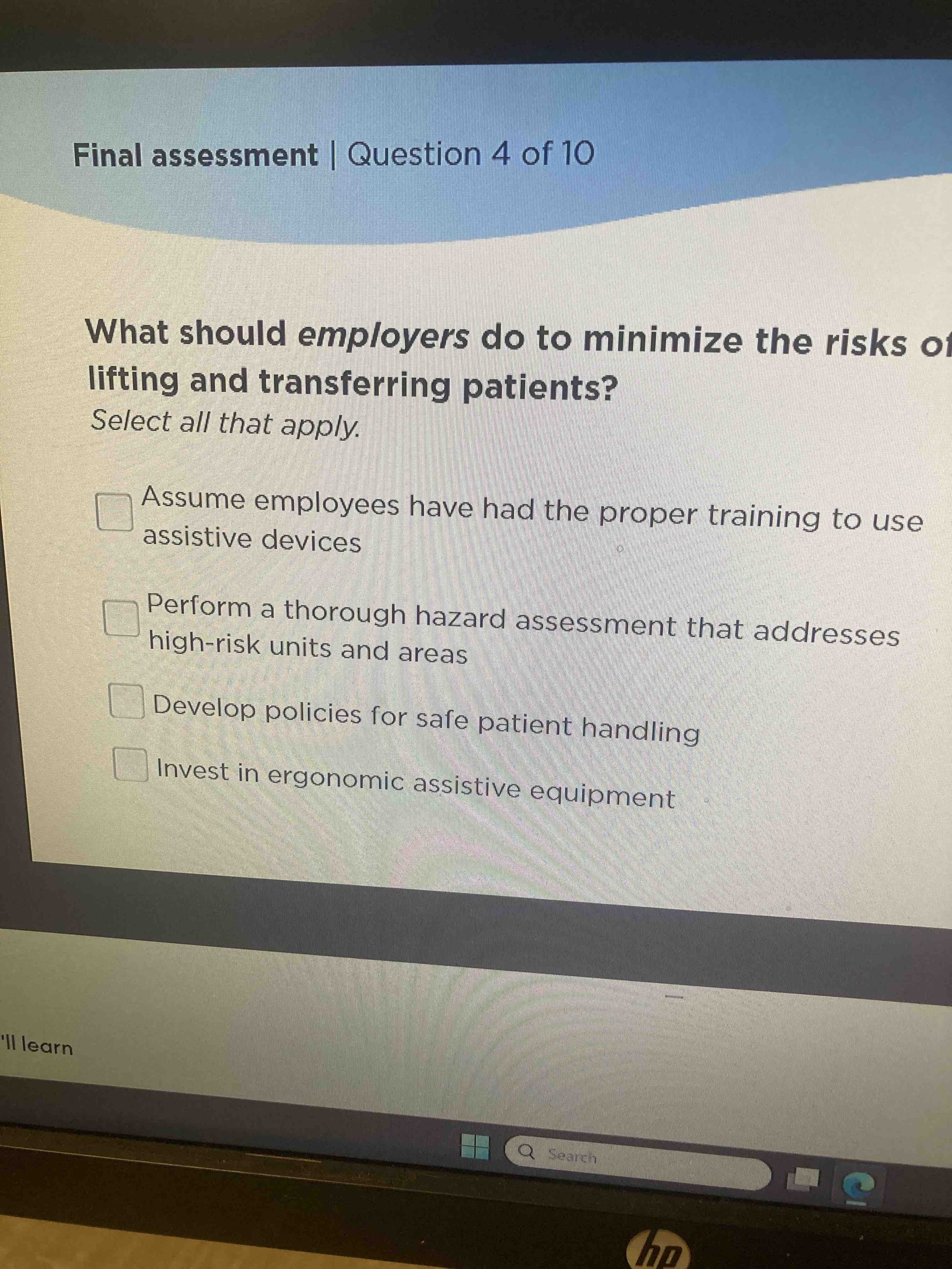 What should employers do to minimize the risks of lifting and transferring patients? Select all that apply.