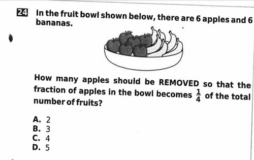How many apples should be REMOVED so that the fraction of apples in the bowl becomes 1/4 of the total number of fruits?