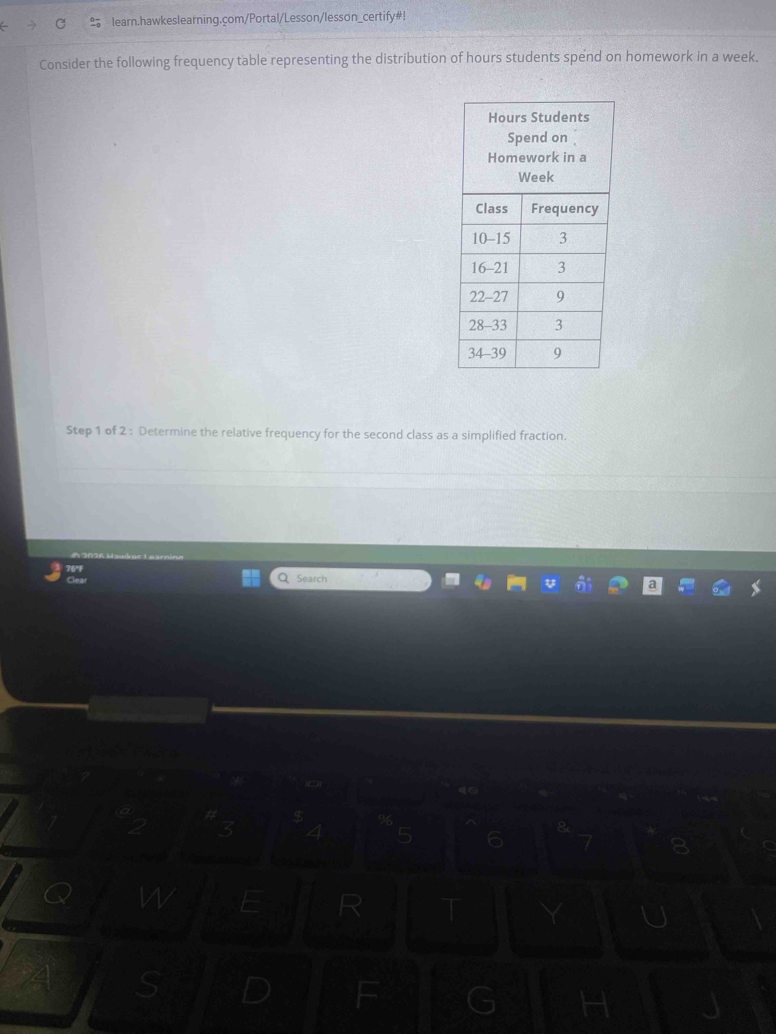 Consider the following frequency table representing the distribution of hours students spend on homework in a week. Determine the relative frequency for the second class as a simplified fraction.
