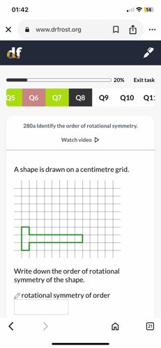 A shape is drawn on a centimetre grid. Write down the order of rotational symmetry of the shape.