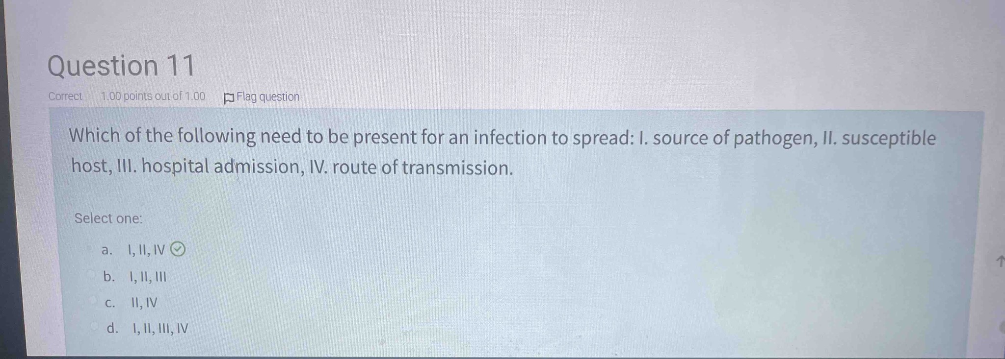 Which of the following need to be present for an infection to spread: I. source of pathogen, II. susceptible host, III. hospital admission, IV. route of transmission.
