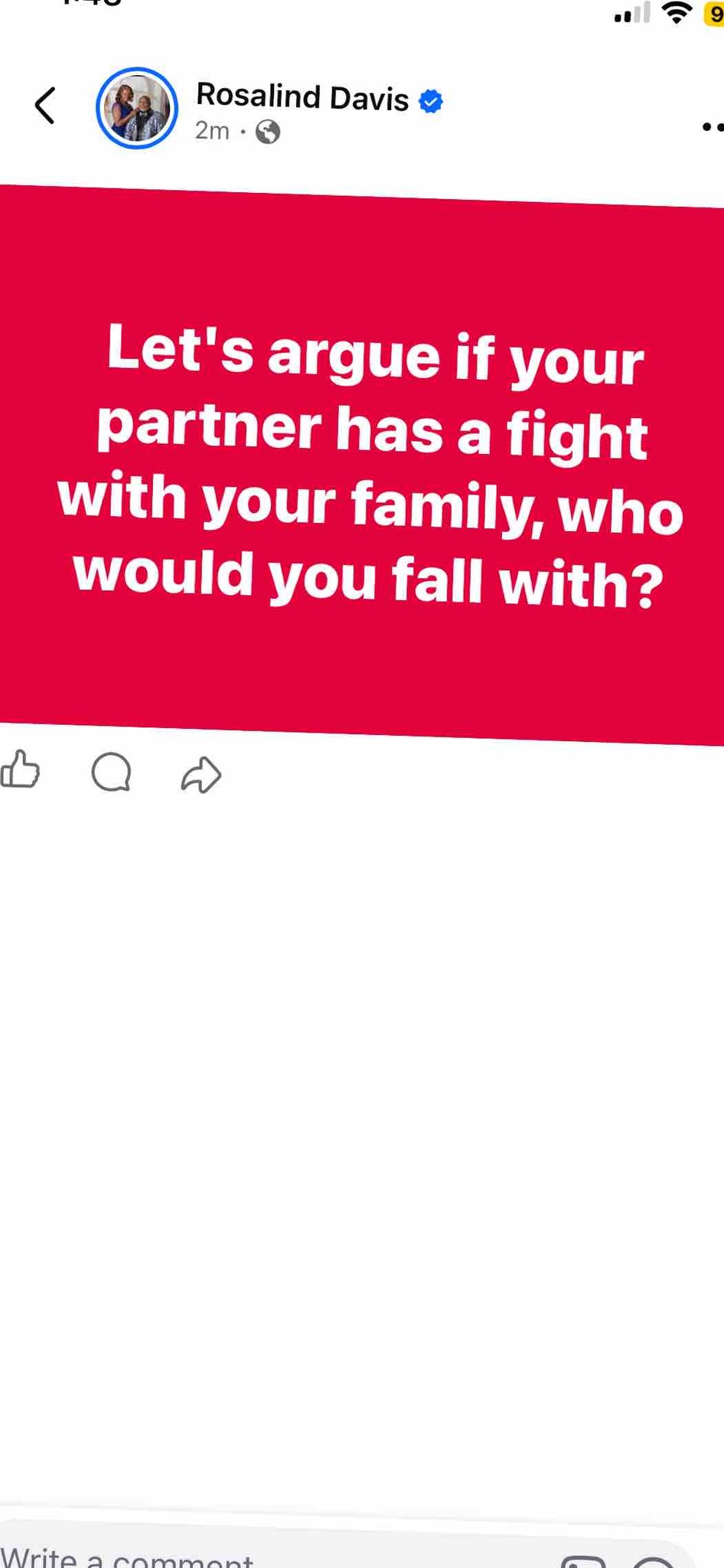 Let's argue if your partner has a fight with your family, who would you fall with?