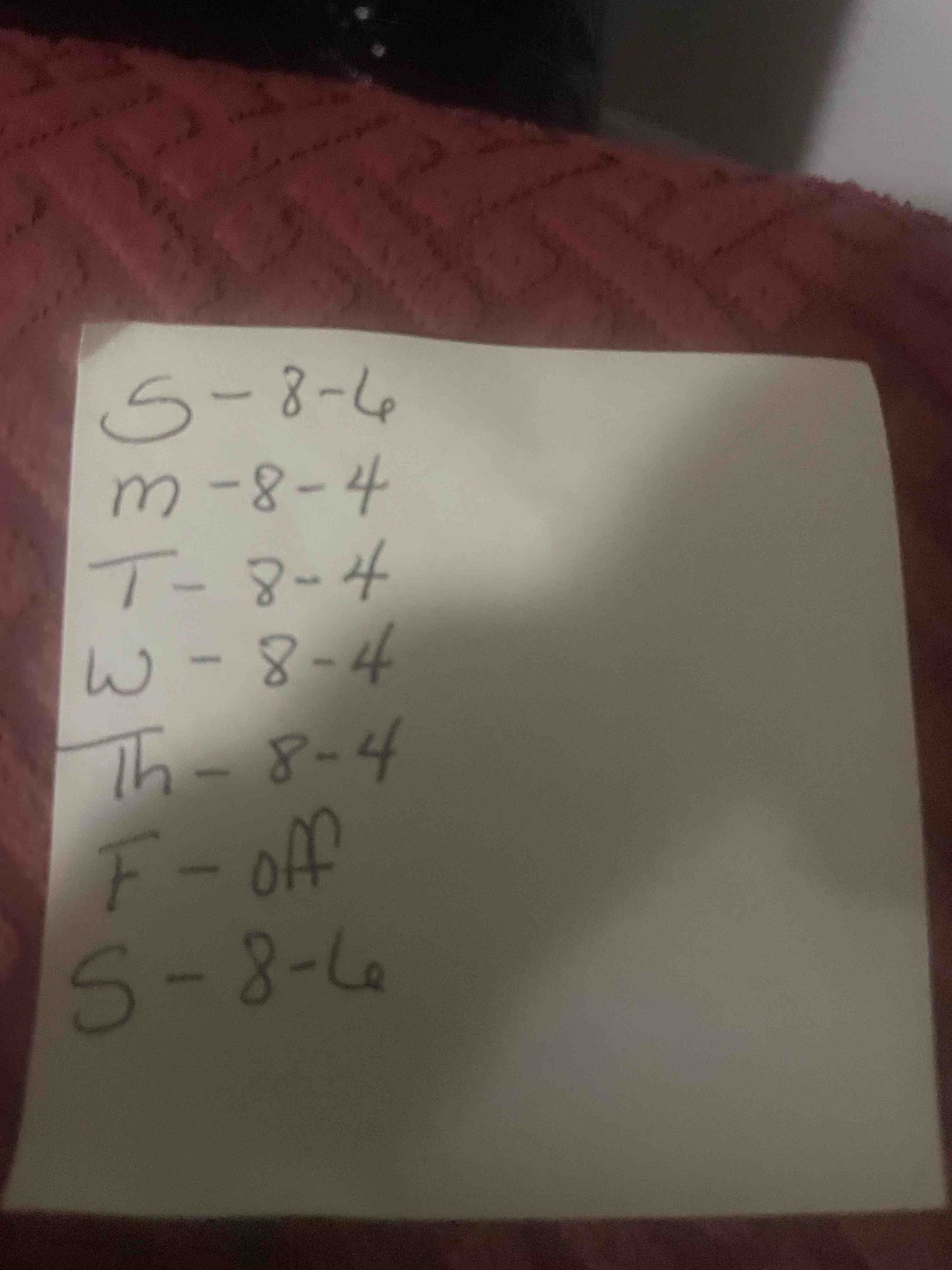 Calculate total weekly hours worked based on the schedule: Sunday: 8-4, Monday: 8-4, Tuesday: 8-4, Wednesday: 8-4, Thursday: 8-4, Friday: off, Saturday: 8-4.